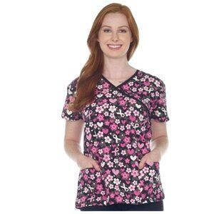 Divine Scrubs By JDM Womens Pink Ribbon Floral Print Scrub Top S Black/Pink Poly